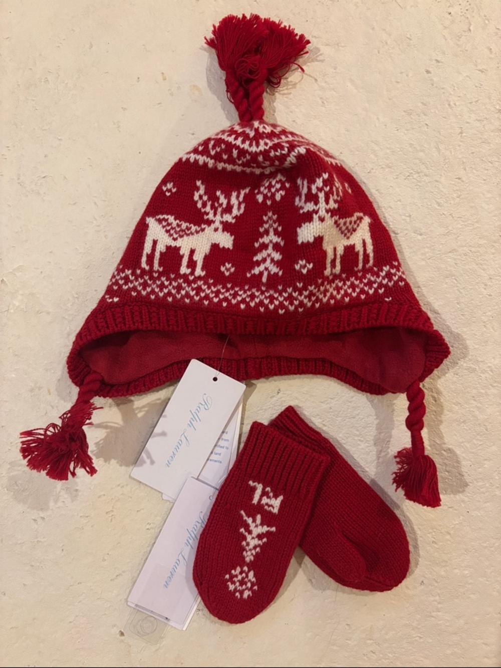 NWT Ralph Lauren Fair Isle Cotton-Blend Earflap Hat Red